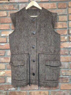 Virgin Wool Mohair Alpaca Longline Utility Vest Drawstring Wood Look Buttons L